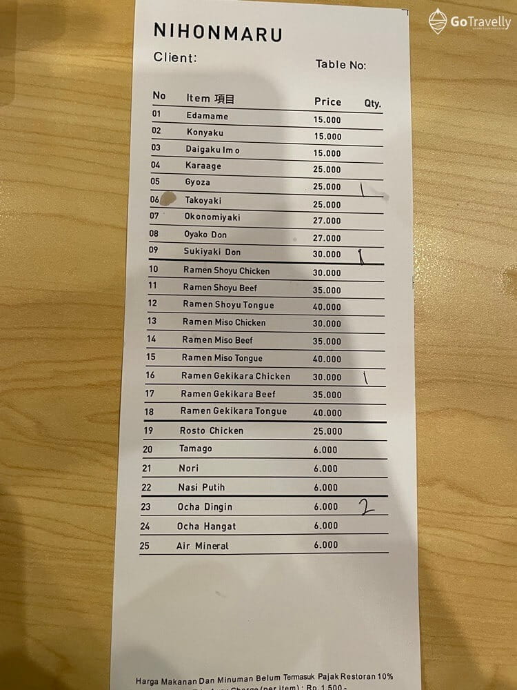 menu Nihonmaru Ramen